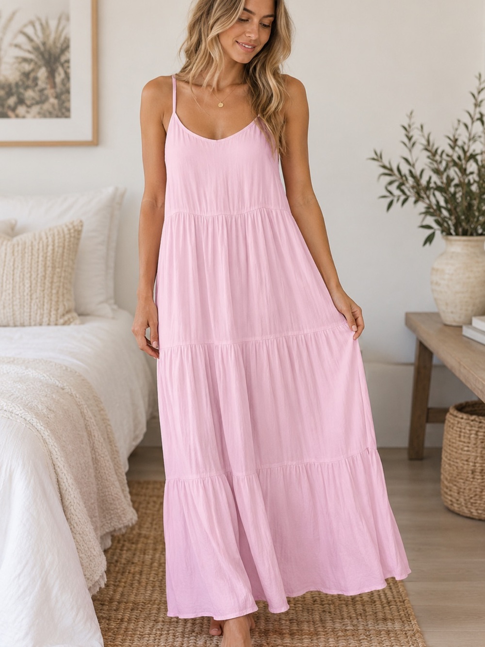 Soma Weekend Light Pink Tiered Satin Maxi Dress - Spaghetti Strap
